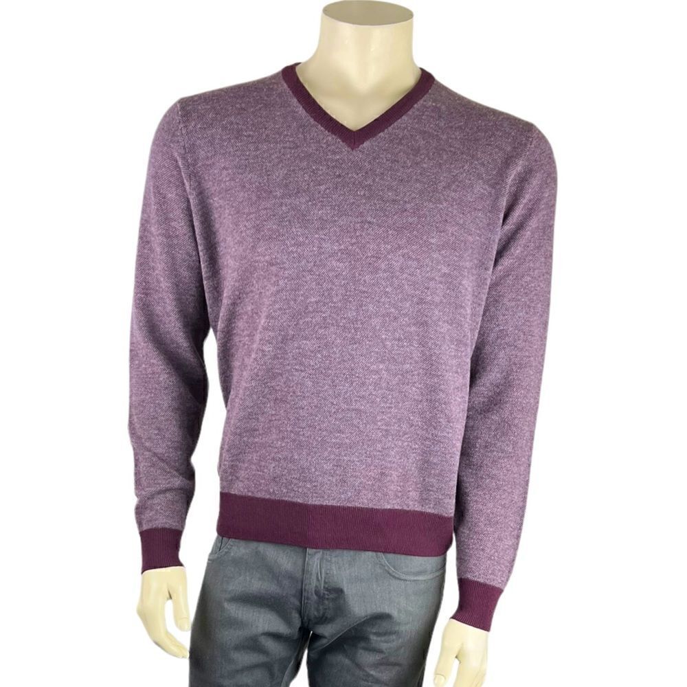 Canali V-Neck Plum/Gray Virgin Wool Sweater Like New Size 50 (IT)